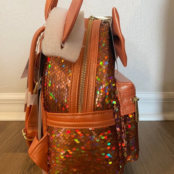 Disney Park Loungefly Minnie Mouse Sequined Mini Backpack Peach Punch - Picture 5 of 7